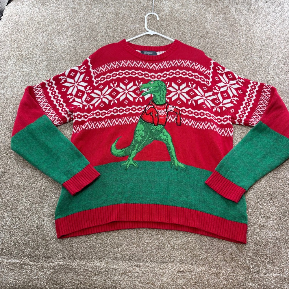 33 Degrees Mens XL Christmas Sweater T-Rex Dinosaur Red Green Ugly Funny